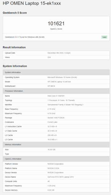 HP Omen 15 com Core i7-10870H e RTX 3070 Mobile no Geekbench. (Fonte: Geekbench)