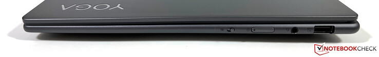 À direita: Webcam eShutter, botão liga/desliga, conector de áudio de 3,5 mm, USB-A 3.2 Gen 1 (5 GBit/s, alimentado)
