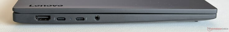 Esquerda: HDMI 2.1, 2× USB-C 4.0 com Thunderbolt 4 (40 Gbit/s, DisplayPort Alt Mode 2.1, Power Delivery 3.0), áudio de 3,5 mm