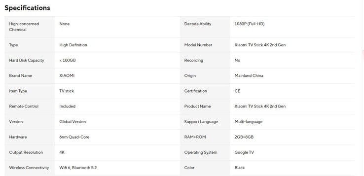 Especificações listadas do novo Xiaomi TV Stick 4K (2ª geração)
