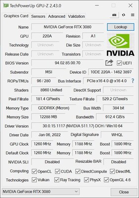 Uma captura de tela GPU-Z do RTX 3080 12 GB. (Fonte da imagem: eTeknix)