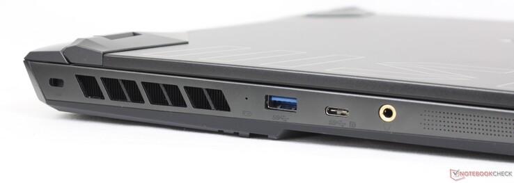 Esquerda: Fechadura Kensington, USB-A 3.1 Gen 2, USB-C 3.2 Gen 2x2 + DisplayPort, conector de 3,5 mm