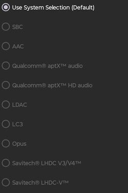 Codecs de áudio Bluetooth disponíveis