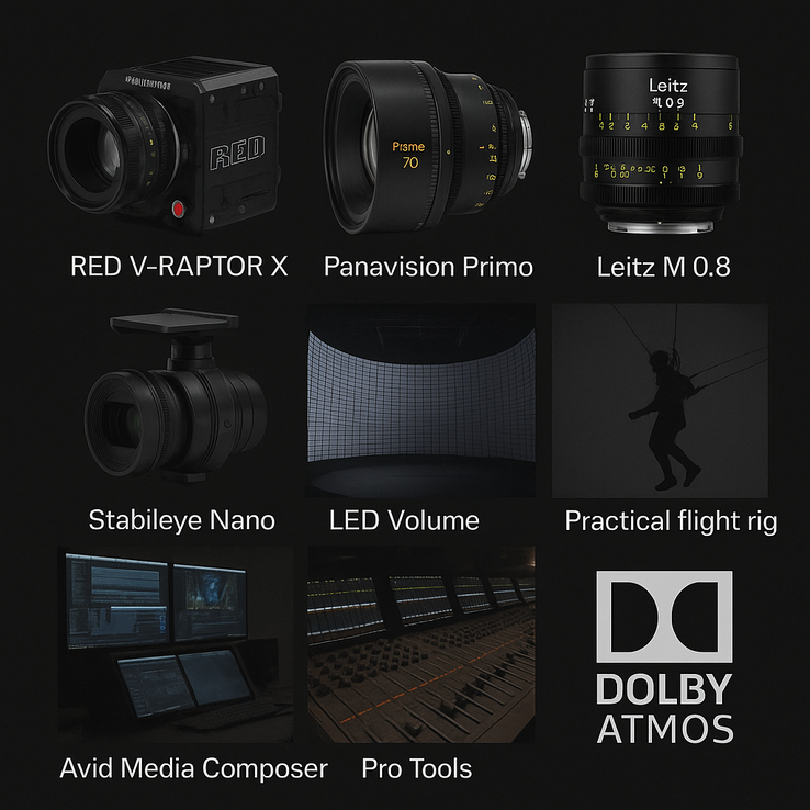 Colagem de equipamentos do Superman 2025: câmera, lentes, equipamento, palco de LED, áudio (Fonte da imagem: Composta por Notebookcheck; materiais da Warner Bros e parceiros)