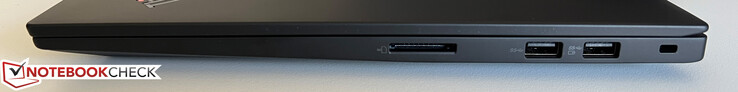 À direita: Leitor de cartão SD, 2x USB-A 3.2 Gen. 1 (5 GBit/s, 1x alimentado), slot de segurança Kensington Nano