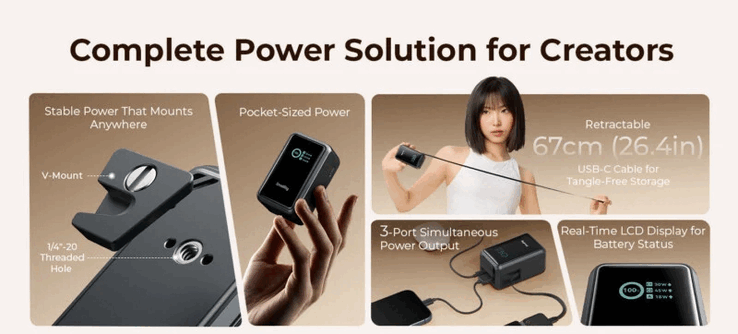O Nano 72 possui capacidade de 20.000 mAh e suporta 100 W em ambas as direções, sendo indicado para filmagens mais longas e equipamentos mais pesados.