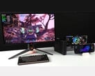 Borderlands 4 em execução em um monitor conectado a um mini PC Minisforum MSA2 emparelhado com uma AMD Radeon RX 9070 XT em um dock Oculink eGPU, ao lado de um dispositivo portátil Asus ROG Ally X (Fonte da imagem: ETA PRIME via YouTube)