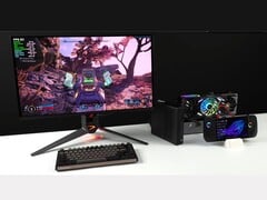Borderlands 4 em execução em um monitor conectado a um mini PC Minisforum MSA2 emparelhado com uma AMD Radeon RX 9070 XT em um dock Oculink eGPU, ao lado de um dispositivo portátil Asus ROG Ally X (Fonte da imagem: ETA PRIME via YouTube)