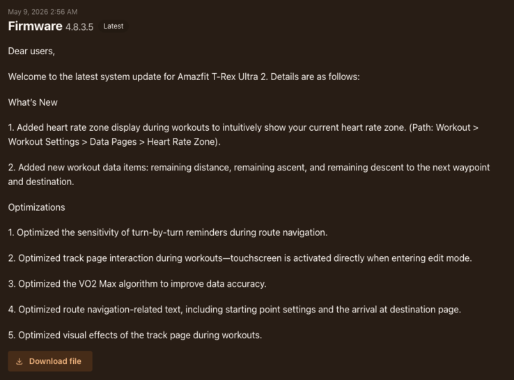 As notas de lançamento da versão de firmware 3.8.0.5 para o smartwatch Amazfit T-Rex Ultra 2