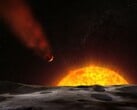 Ilustração de um artista mostrando um exoplaneta se dirigindo em direção à sua estrela.