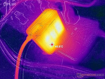 O adaptador CA pode atingir mais de 47 °C ao operar cargas exigentes por longos períodos