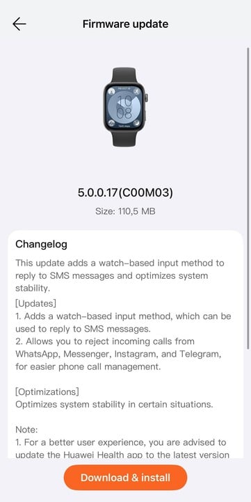 O registro de alterações da versão 5.0.0.17 do firmware do Huawei Watch Fit 3. (Fonte da imagem: u/Eyas-Alhamwi via Reddit)