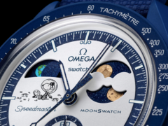O novo relógio Mission to Earthphase - Moonshine Gold (na foto) tem um indicador de fase da lua no submostrador das 2 horas e um indicador de fase da terra às 10 horas. (Fonte da imagem: Swatch)