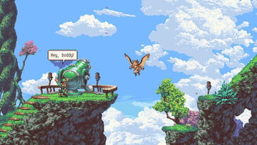 Uma imagem mostrando Geddy e Otus em Owlboy.