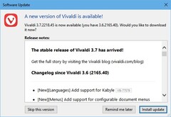 Notificação de atualização do navegador Vivaldi 3.7 em meados de março de 2021 (Fonte: Própria)