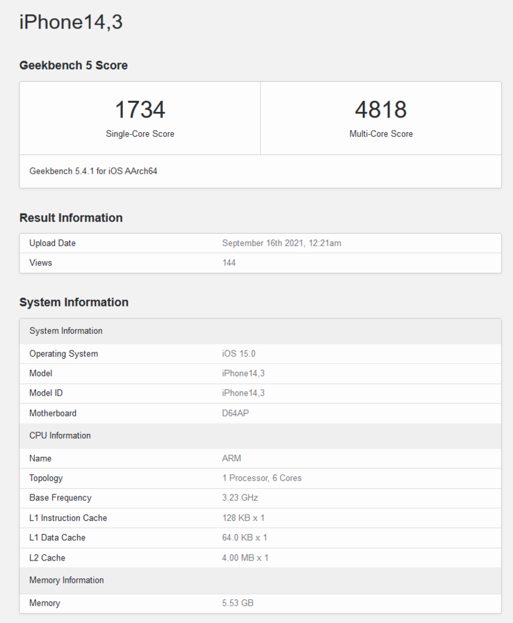 A15 Bionic on Geekbench (imagem via Geekbench)