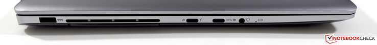 Esquerda: alimentação, USB-C 4.0 com Thunderbolt 4 (40 GB/s, PowerDelivery, modo DisplayPort ALT), USB-C 3.2 Gen.2 (10 GB/s, modo DisplayPort ALT), 3.5-mm estéreo