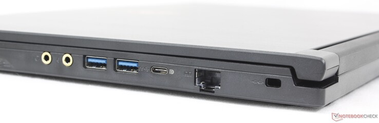 Direita: Fone de ouvido de 3,5 mm, microfone de 3,5 mm, 2x USB-A 3.2 Gen. 1, USB-C 3.2 Gen. 1 com DisplayPort, RJ-45 (1 Gbps), trava Kensington