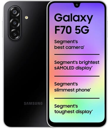 Samsung Galaxy F70 5G em Bold Black, mostrado de frente e de trás