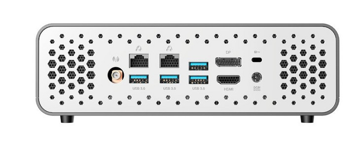 Rear: Detachable antennae, 2x Gigabit Ethernet, 4x USB 3.0 Type-A, HDMI 2.0, Full-size DisplayPort 1.2, Kensington Lock, AC adapter (Source: Zotac)