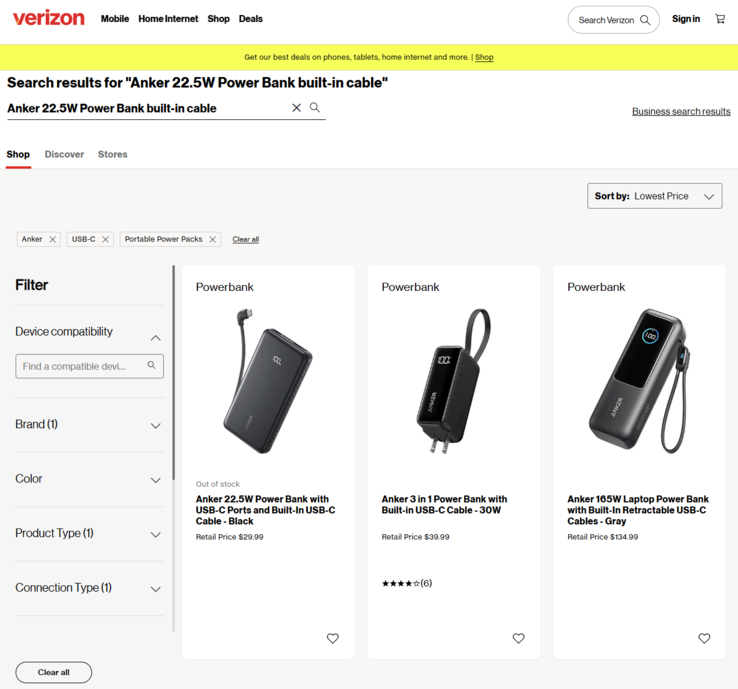 Uma captura de tela da listagem da Verizon do novo banco de energia da Anker. (Fonte da imagem: Verizon)