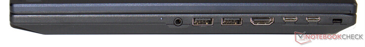 Lado direito: combo de áudio, 2x USB 3.2 Gen 2 (USB-A), HDMI, Thunderbolt 4 (USB-C; Power Delivery, DisplayPort), USB 3.2 Gen 2 (USB-C; Power Delivery), slot para trava Kensington