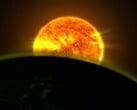 Ilustração artística mostrando o Sol e a Terra.