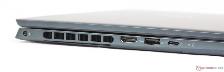 Esquerda: adaptador AC, HDMI 2.0, USB-A 3.2 Gen. 1, USB-C c/ Thunderbolt 4 + DisplayPort + Fornecimento de energia