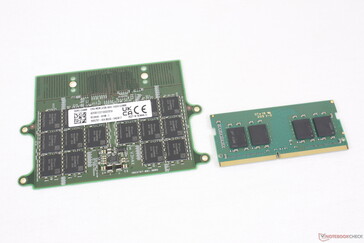 módulo CAMM de 128 GB (esquerda) vs. módulo SODIMM DDR4 de 16 GB (direita)