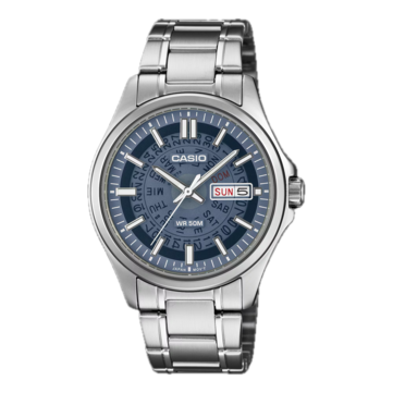 O modelo MTP-E740-2A1V da Casio, na cor azul-marinho, apresenta um mostrador translúcido que revela os discos do dia e da data por baixo.