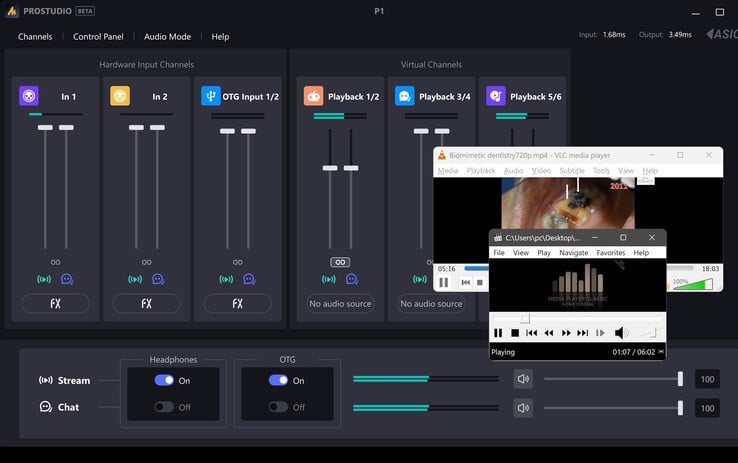 Exemplo de roteamento virtual — Duas fontes de áudio virtuais do PC com entrada de microfone XLR mixadas em uma saída combinada.
