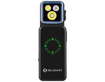A base de recarga para celular possui um indicador de nível de bateria na parte frontal.