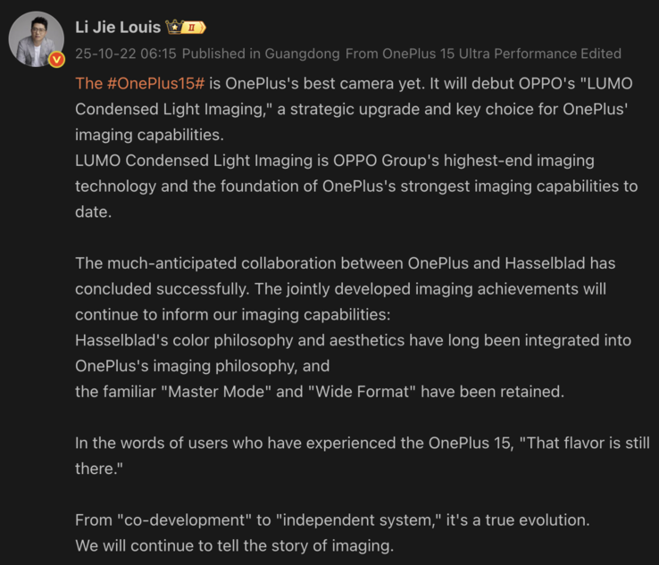 O presidente da OnePlus, Louis Lee, revela detalhes da câmera do OnePlus 15. (Fonte da imagem: Weibo - tradução automática)