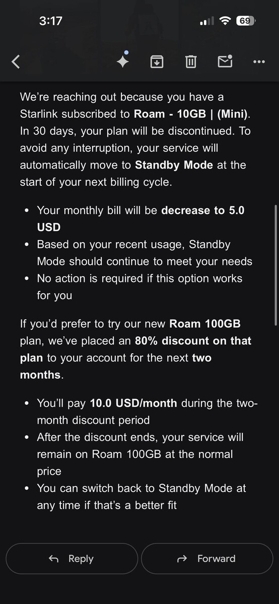 Starlink transformará o plano Roam de US$ 10 em Standby Mode. (Fonte da imagem: silvertricl0ps/Reddit)