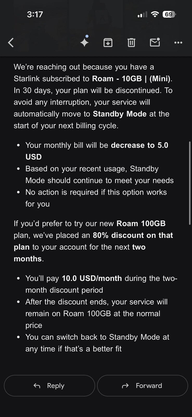 Starlink transformará o plano Roam de US$ 10 em Standby Mode. (Fonte da imagem: silvertricl0ps/Reddit)