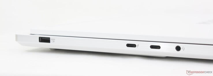 Esquerda: USB-A 3.2 Gen. 1, USB-C Thunderbolt 4 com DisplayPort 2.1 + Power Delivery (100 W), USB-C 3.2 Gen.2 com DisplayPort 2.1 + Power Delivery, fone de ouvido de 3,5 mm