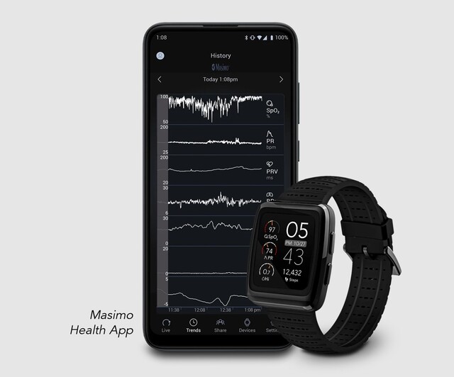 Os sinais vitais do Masimo W1 podem ser registrados em smartphones e visualizados remotamente em tempo real pelos médicos. (Fonte: Masimo)