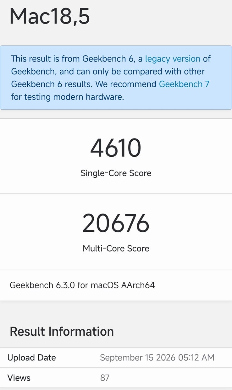 A listagem do Mac mini M6 no Geekbench 6.3