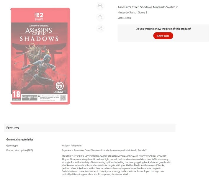 Assassin's Creed Shadows Switch 2 Auchan listing (Fonte da imagem: captura de tela, Auchan)