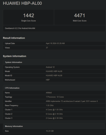 Pontuação do Geekbench do HiSilicon Kirin 9010 (imagem via Geekbench)