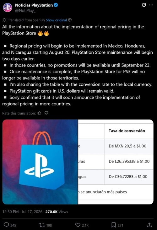 Anúncio traduzido sobre os preços da PlayStation Store na América Latina exibido