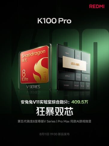 O Redmi K100 Pro é equipado com o chipset Snapdragon 8 Elite Gen 5 Série V.