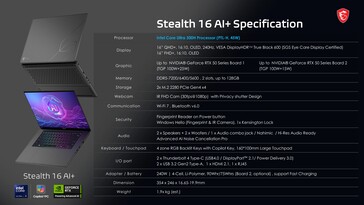 MSI Stealth 16 AI+: Especificações. (Fonte da imagem: MSI)