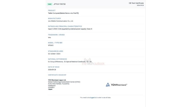 Certificação da TÜV Rheinland Japan para o Vivo Pad FE.