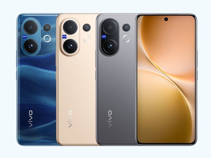 O smartphone Vivo V60 vem nas cores cinza neblina, azul luar e ouro auspicioso (Fonte da imagem: Vivo)