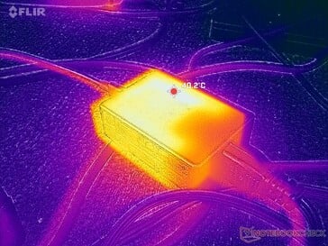 O adaptador de CA atinge mais de 40 °C ao operar com cargas exigentes