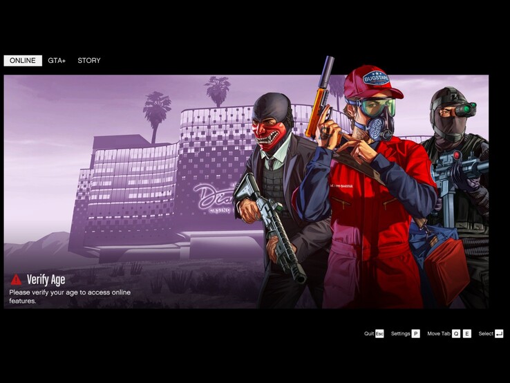 Tela inicial do GTA Online mostrando a solicitação de verificação de idade (Fonte da imagem: Tez2 on X)
