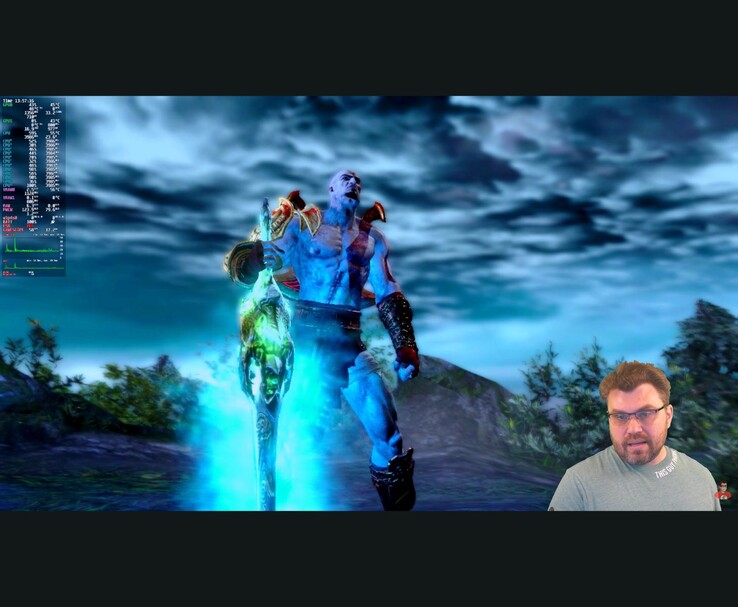 Cena de jogabilidade do RPCS3 God of War 3 com métricas de desempenho na tela e o senhorTuber visível no canto durante o teste. (Fonte da imagem: The Phawx via YouTube)