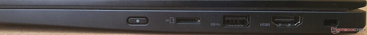 Direito: botão de alimentação, leitor de cartões microSD, USB-A 3.2 Gen1 (Powered), HDMI 2.0, dispositivo de trava de segurança