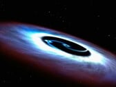 Uma ilustração mostrando dois buracos negros.